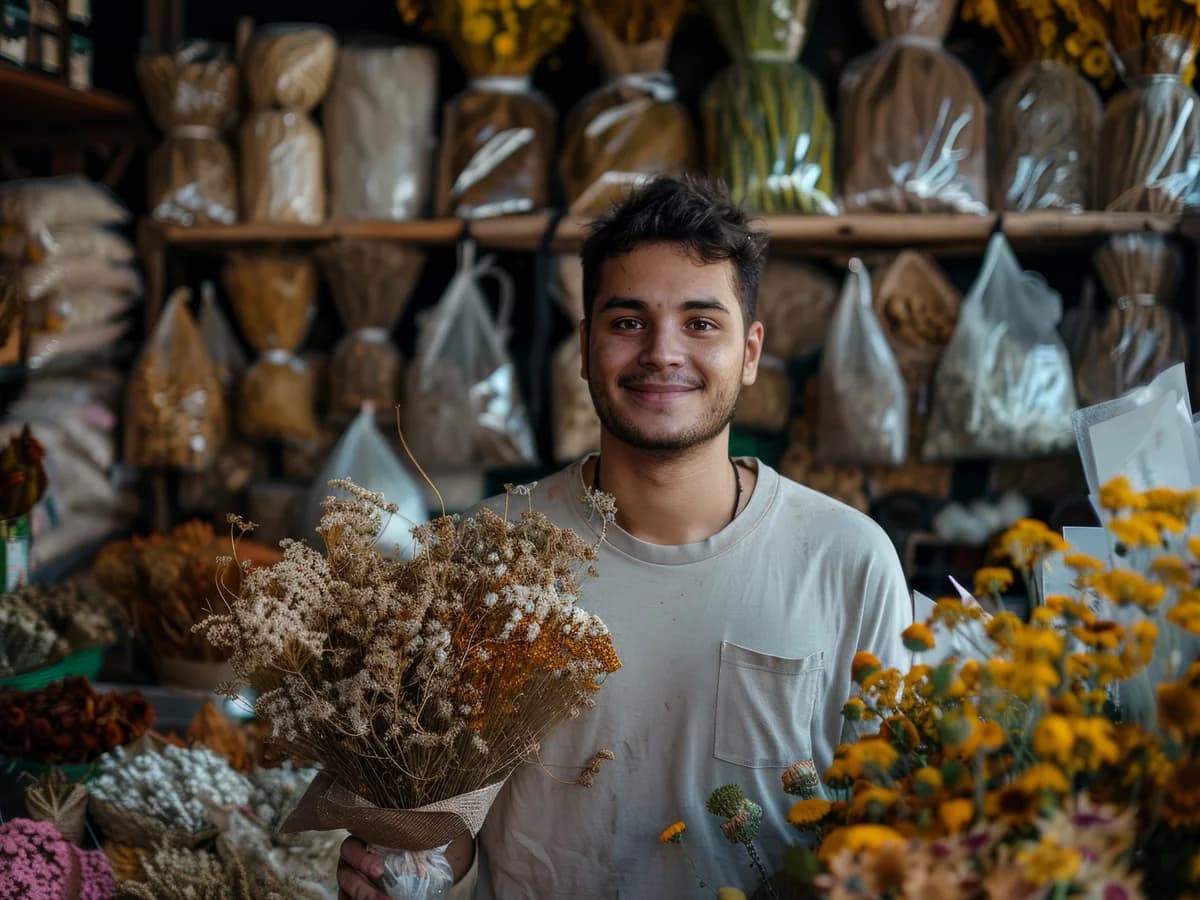 A shop owner smiling, his shop behind him