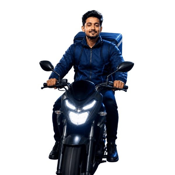 Al Fatehi Express rider smiling while riding a motorcycle for delivery