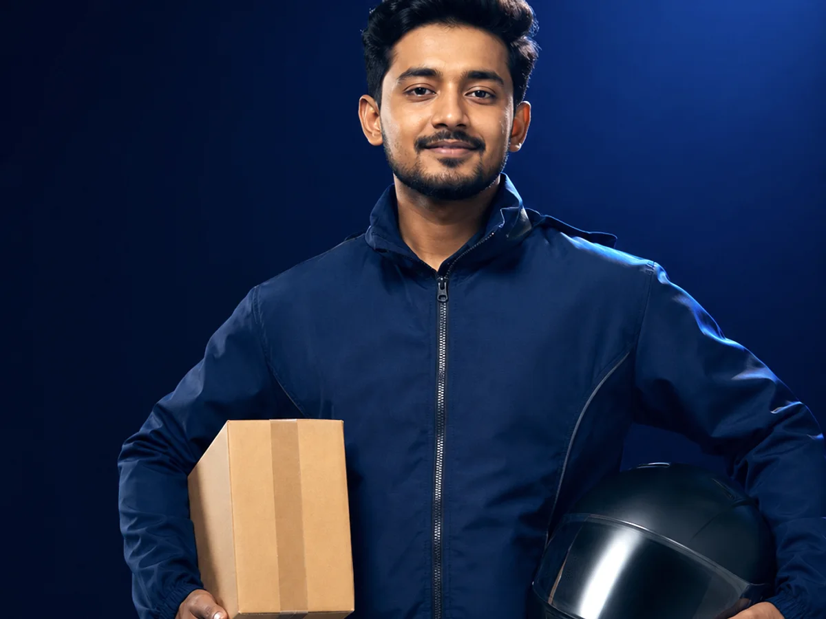 An Al Fatehi Express rider holding a parcel and helmet