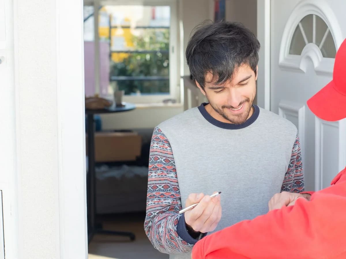 A courier handing a parcel to a customer at her door